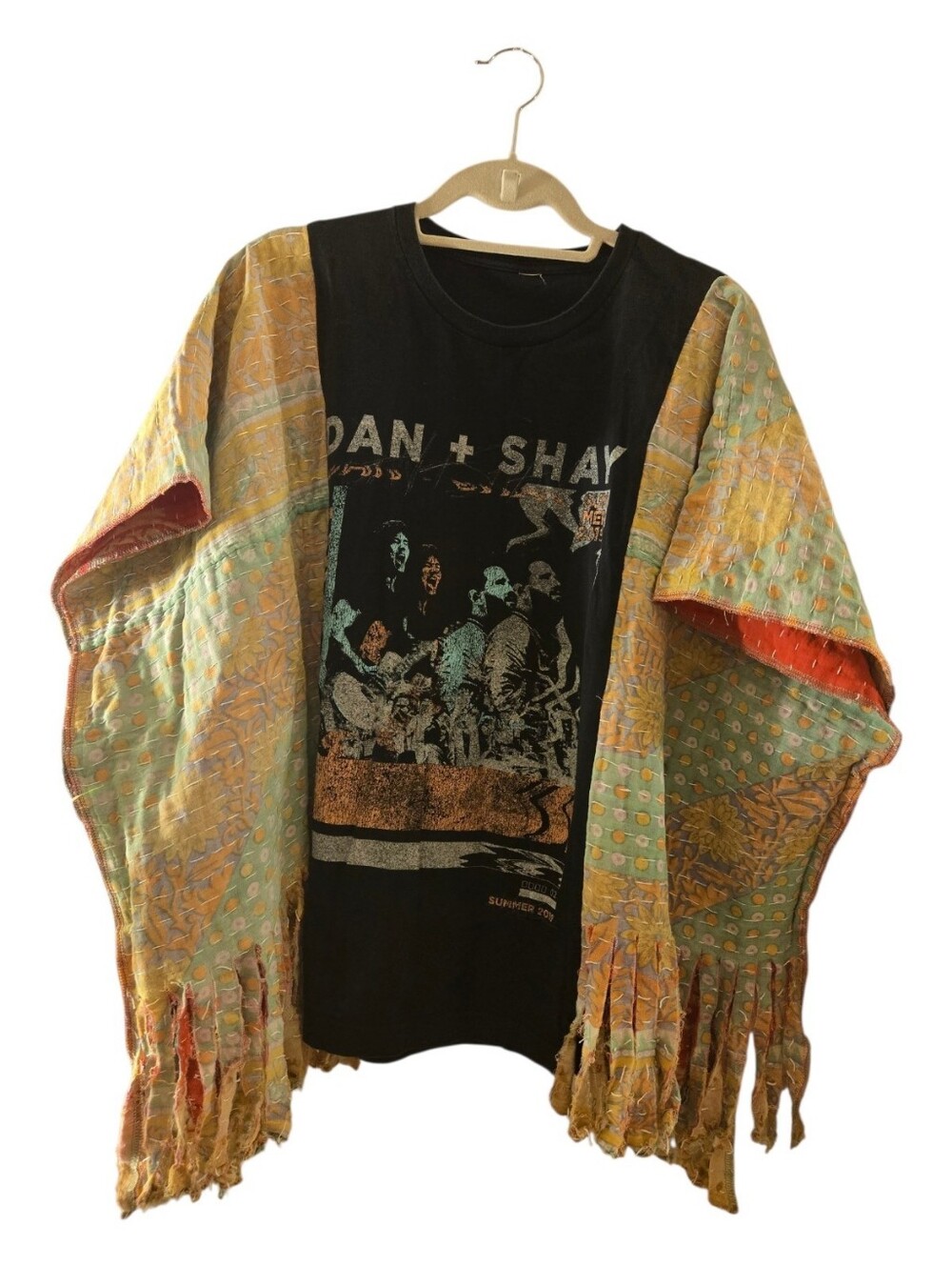 Hand Crafted Black Band Tee with Patchwork Fringe Kimono